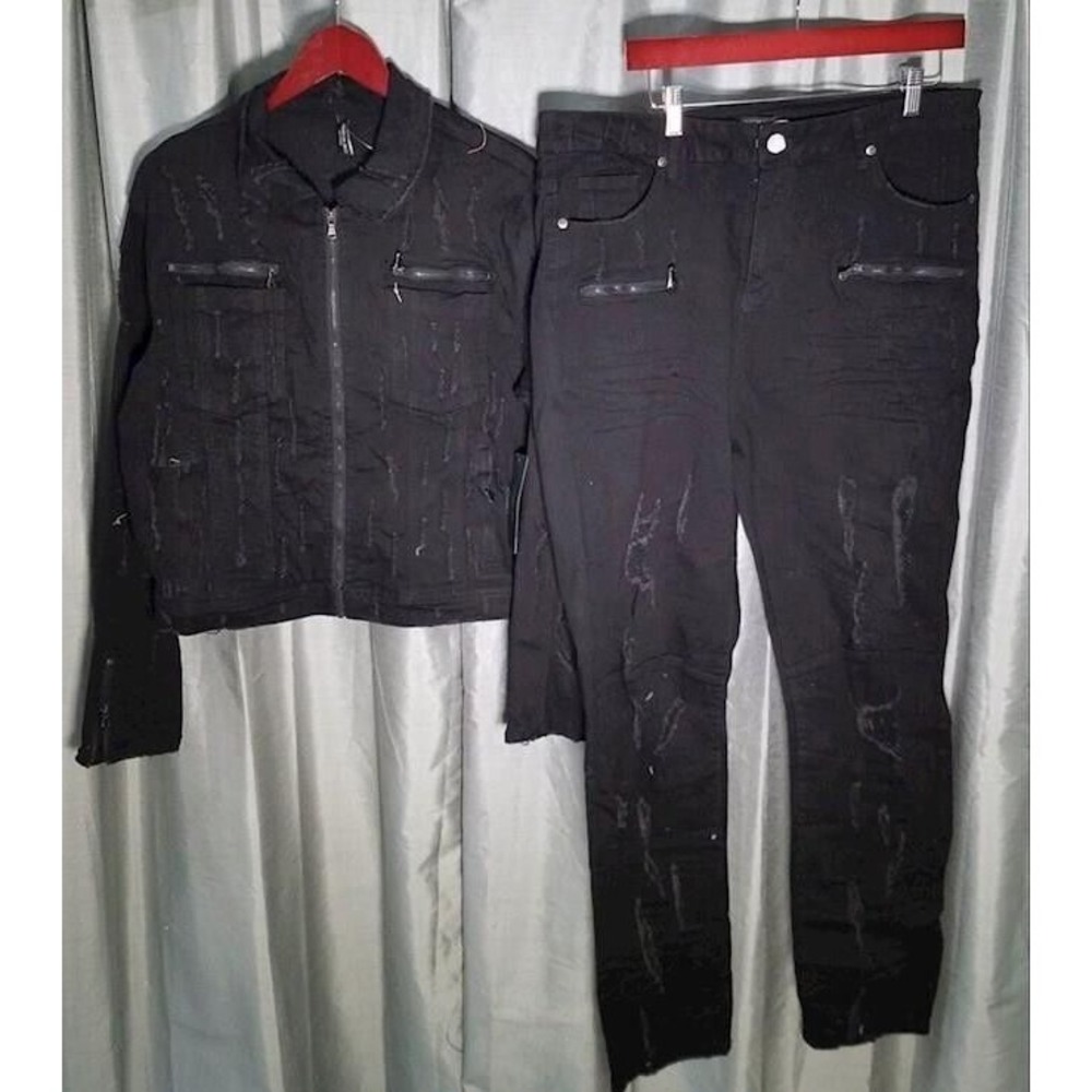 AMERICAN BAZI Women's Black Moto Denim Jacket & Pants 2PC‎ Set (Size 2X) NWT